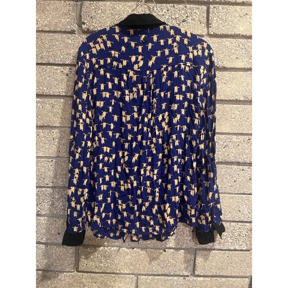 Maeve Penguin Print Button-Up Blouse Size 8 Blue & Beige With Black Accents - Picture 5 of 8
